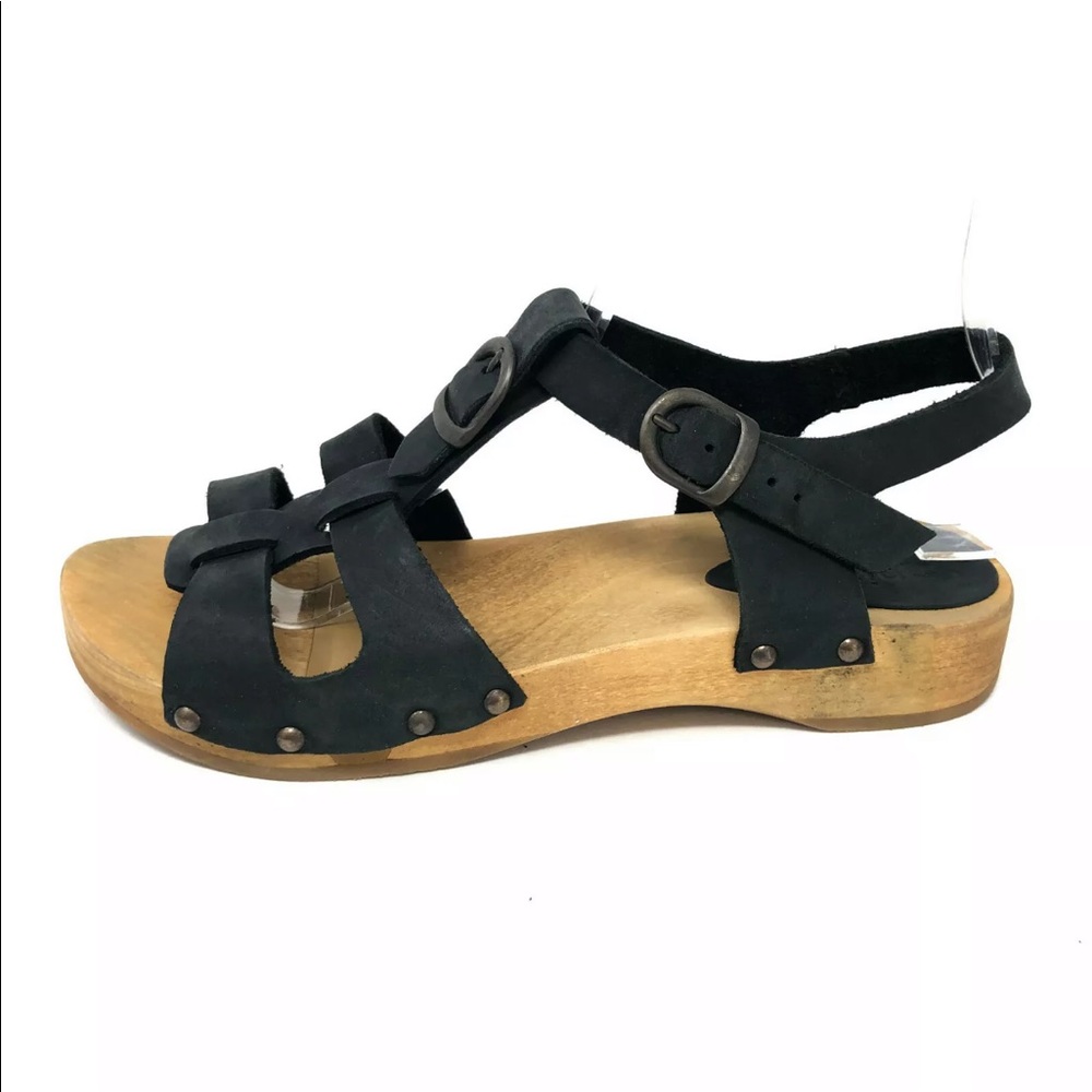 Sanita Black Leather Wood Sandals Size 37 US 7